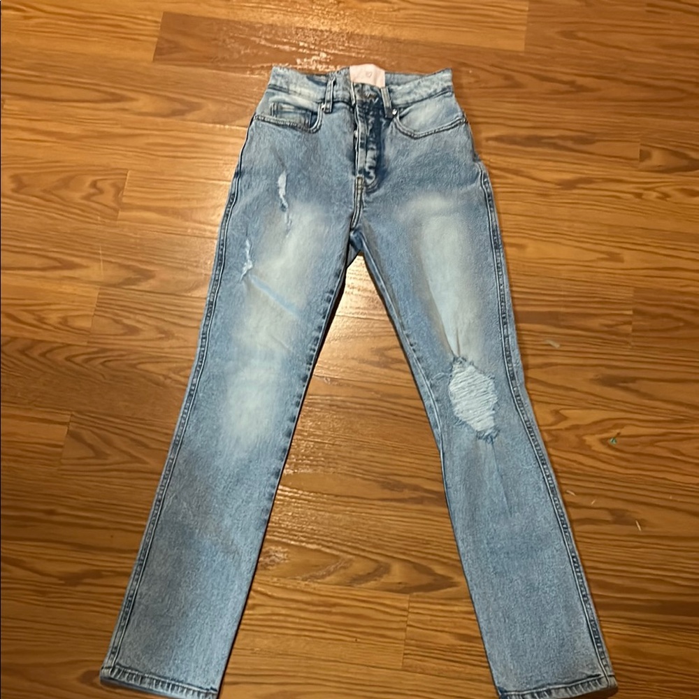 Revice Distressed Straight Leg Blue Jeans 26 (NWOT runs small)